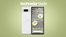 Google Pixel 7a on light green background with TechRadar deals text overlay