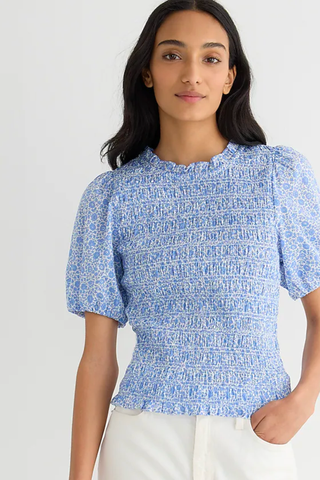 Puff-sleeve textured voile smocked top
