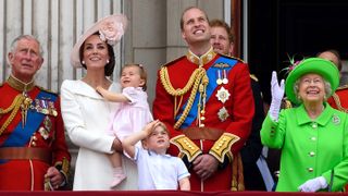Prince Charles, Prince of Wales, Catherine, Duchess of Cambridge, Princess Charlotte, Prince George, Prince William, Duke of Cambridge, Prince Harry, Queen Elizabeth II and Prince Philip, Duke of Edinburgh stand on the balcony during the Trooping the Colour, this year marking the Queen's 90th birthday at The Mall on June 11, 2016 in London, England.