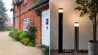 Two house exteriors showing a gravel driveway on one and bollard lights in the other to show how to make your house look expensive from the outside if on a budget