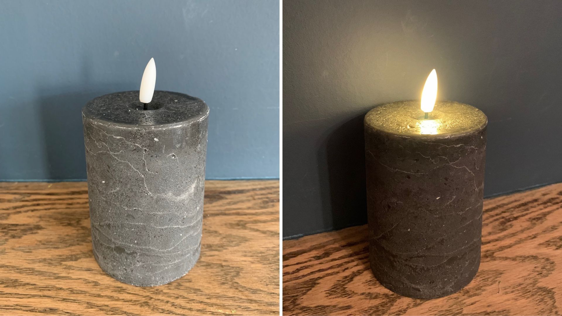 black candle shot against a Hague Blue wall by day light then by night to show how realistic this best flameless candle looks in real life