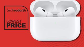 Apple AirPods Pro 2 on red background with TR's Lowest Price badge
