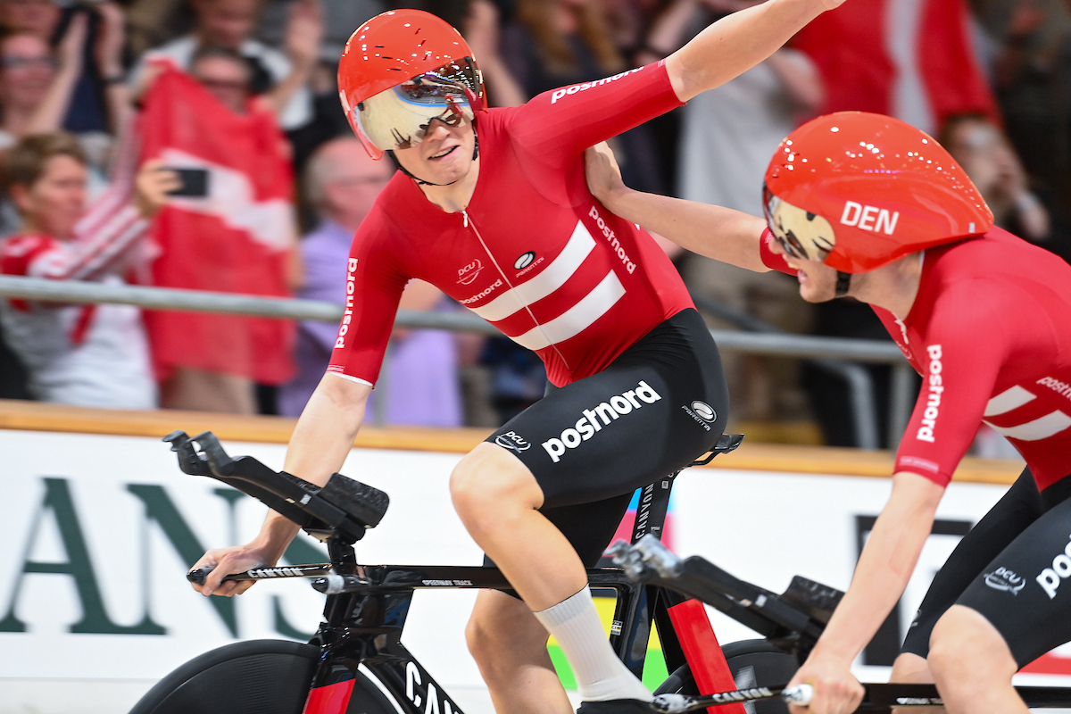 Picture by Simon Wilkinson/SWpix.com - 17/10/2024 - Cycling - Tissot UCI 2024 Track World Championships Ballerup  - Copenhagen, Denmark - Ballerup Super Arena - Men's Team Pursuit, Final for Gold - Carl-Frederik Bevort, Niklas Larsen, Frederik Rodenberg Madsen, Tobias Aagaard Hansen (Denmark) celebrates winning the 2024 Men's Team Pursuit World Championship