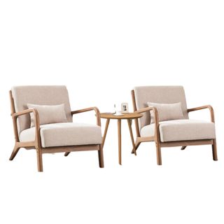 Two wooden accent chairs with white linen cushions