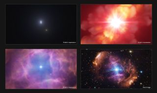 An artist’s impression of the stages of the stellar merger, from closely orbiting (top left) to collision (top right) to ejecting material (bottom left) to the bipolar nebula and double-star system we see today (bottom right).