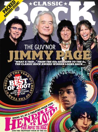 The cover of Classic Rock magazine issue 114 featuring Tony Iommi, Jimmy Page, Jeff Beck and Steven Tyler