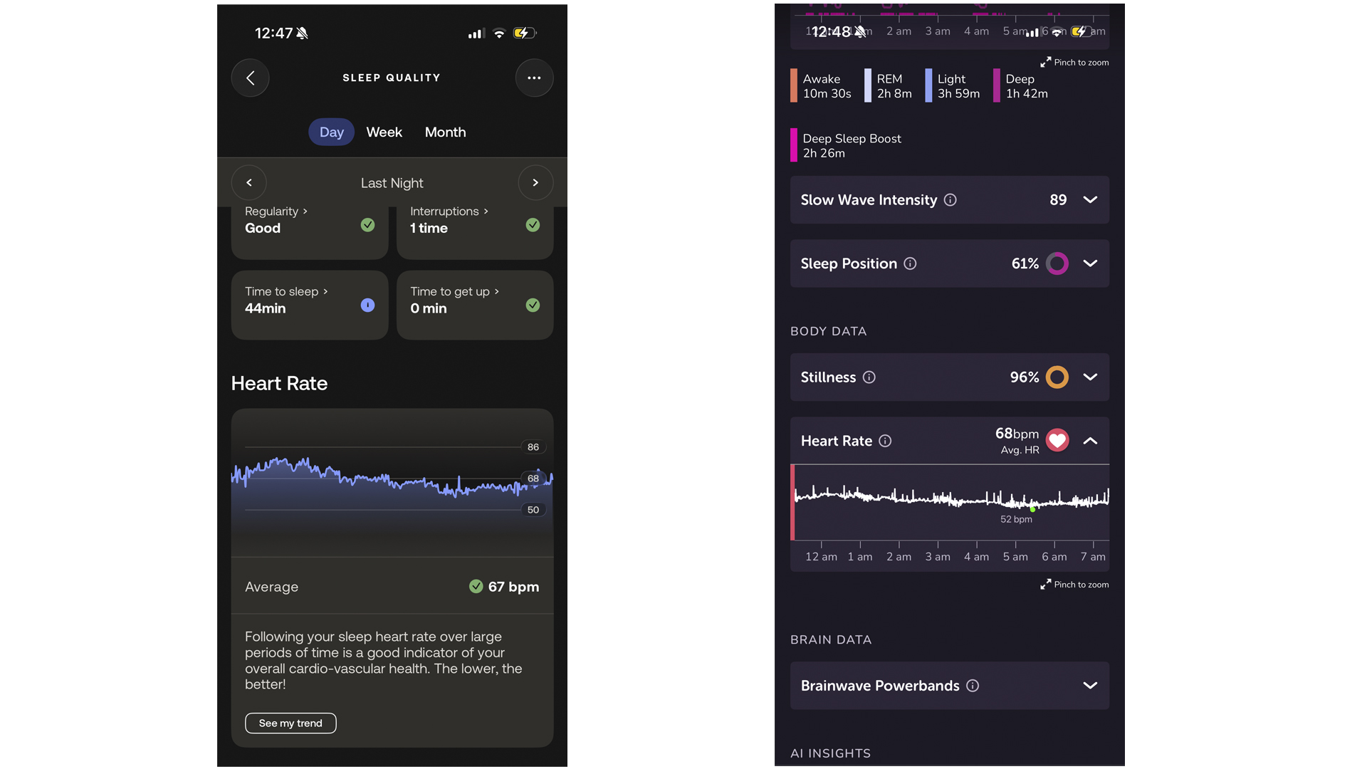 On the left, heart rate and sleep tracking data from the Withings ScanWatch 2. On the right, heart rate and sleep tracking from the Muse S Athena