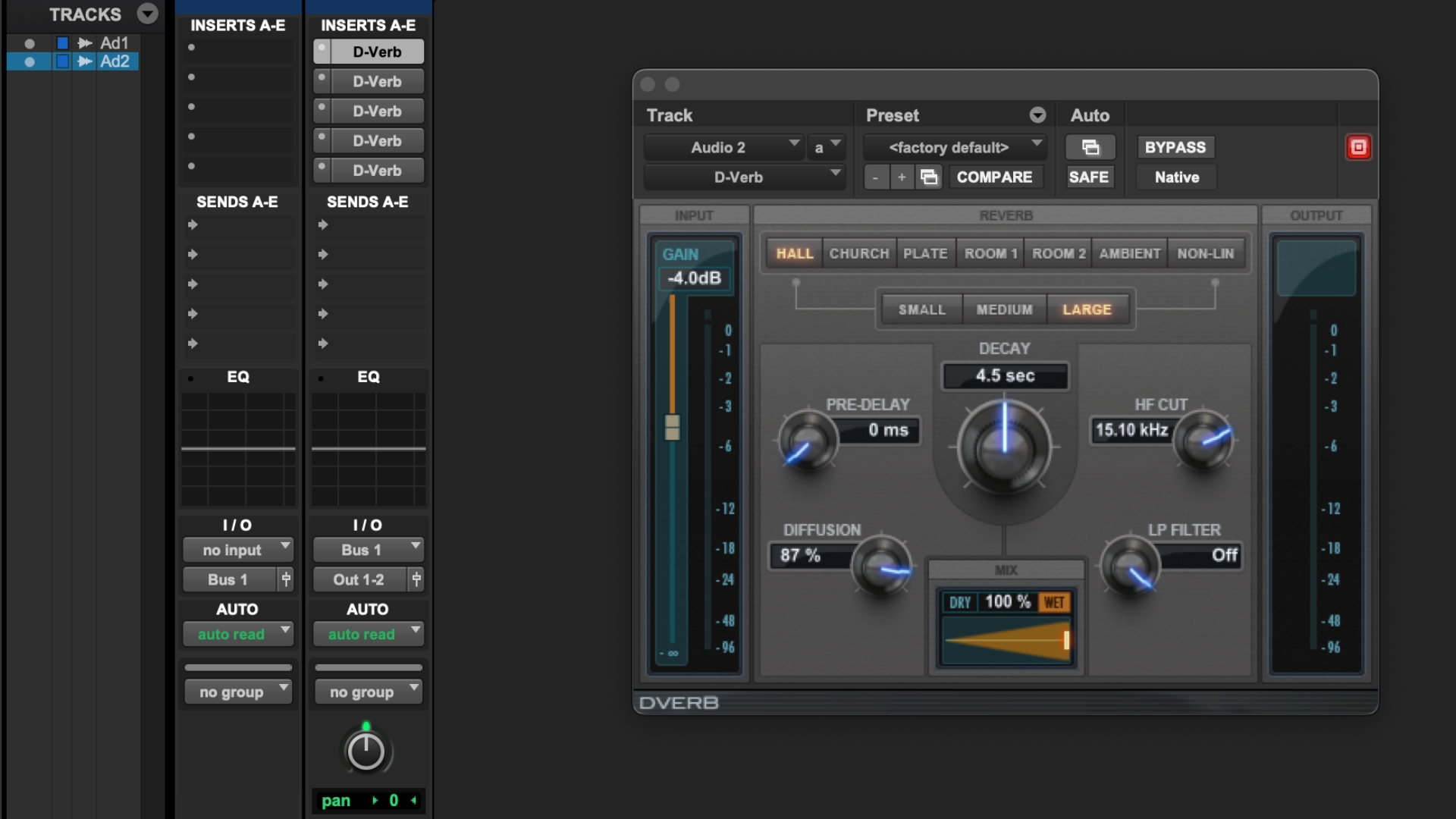 A screenshot of the D-Verb plugin in Pro Tools