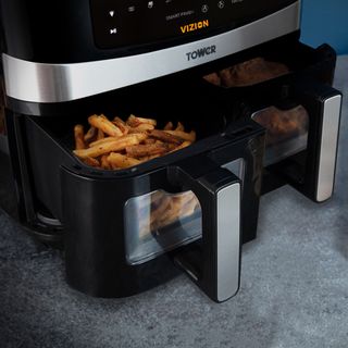 Tower Vortx 9 Litre Dual Basket Air Fryer with Vizion Windows and Smart Finish cooking on counterop