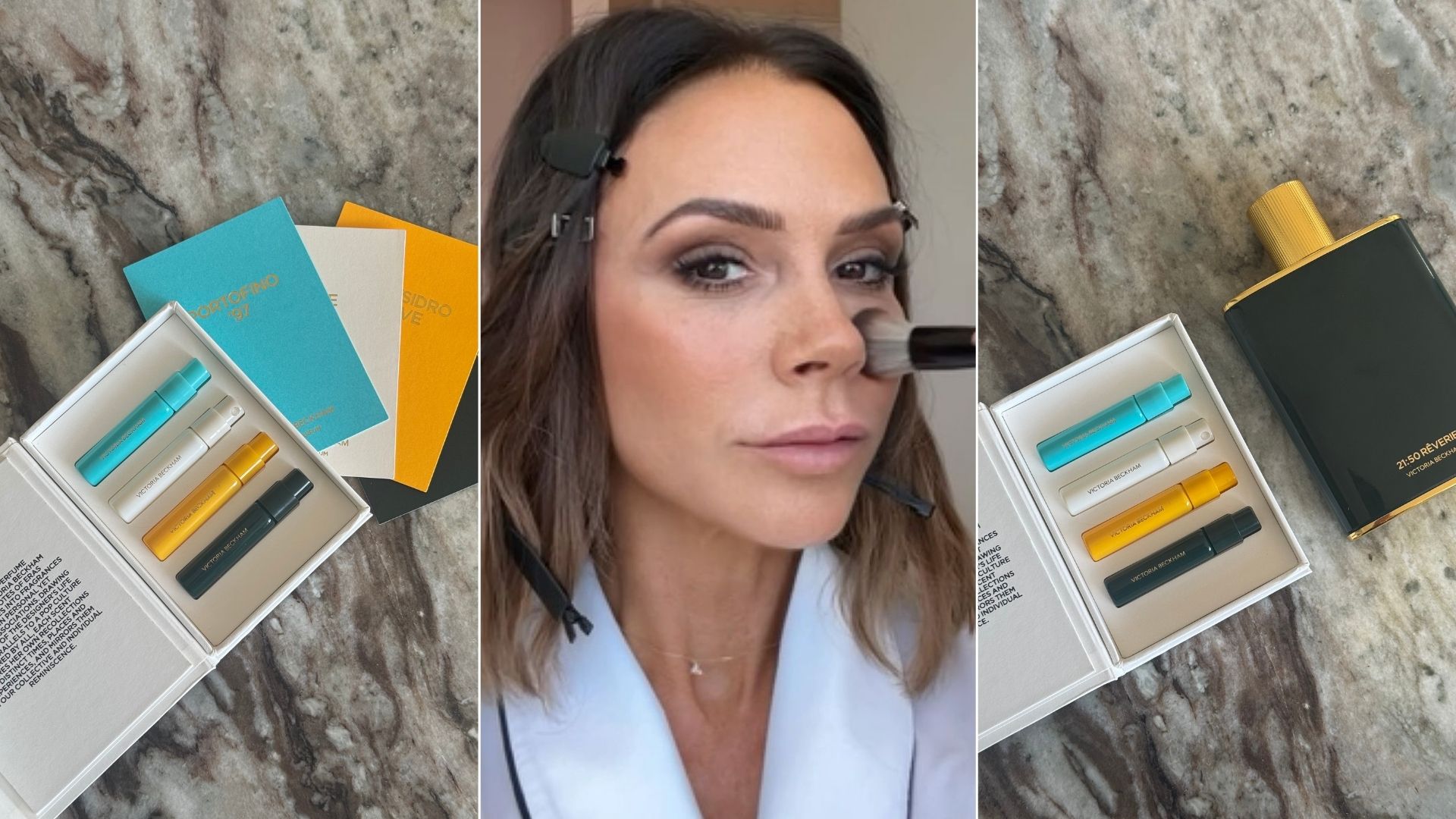 A collage with a photo of Victoria Beckham and photos of the victoria beckham beauty perfume discovery set