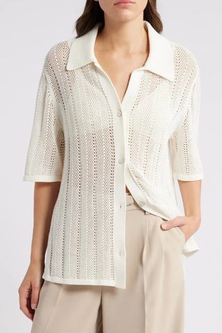 Open Stitch Short Sleeve Cotton Blend Cardigan Shirt