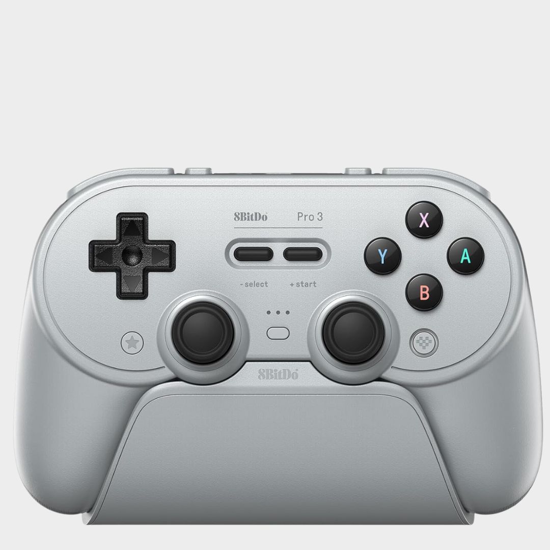 A grey 8BitDo Pro 3 controller on a plain background