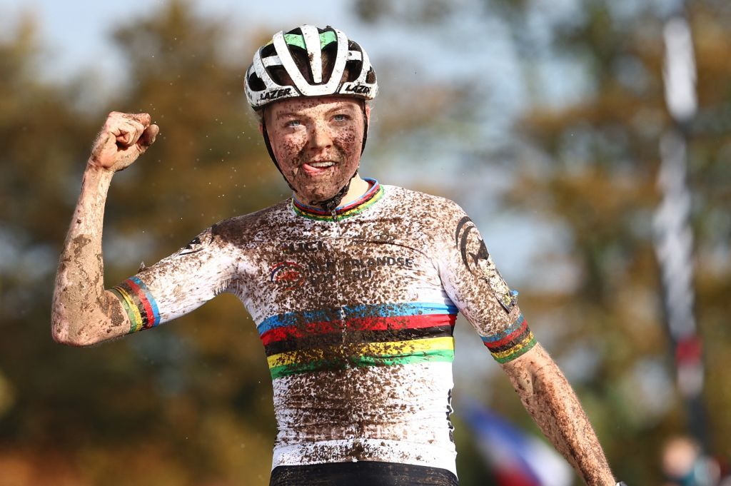 Dutch Fem Van Empel celebrates as she crosses the finish line to win the elite women race at the European Championships cyclocross cycling Sunday 05 November 2023 in Pontchateau FranceBELGA PHOTO DAVID PINTENS Photo by DAVID PINTENS BELGA MAG Belga via AFP Photo by DAVID PINTENSBELGA MAGAFP via Getty Images
