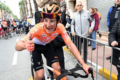 SAN VICENTE DEL RASPEIG, SPAIN - FEBRUARY 06: Stage winner Andrew August of United States and Team INEOS Grenadiers reacts after the 77th Volta Comunitat Valenciana 2026, Stage 3 a 158km stage from Orihuela to San Vicente del Raspeig 115m on February 06, 2026 in San Vicente del Raspeig, Spain. (Photo by Szymon Gruchalski/Getty Images)