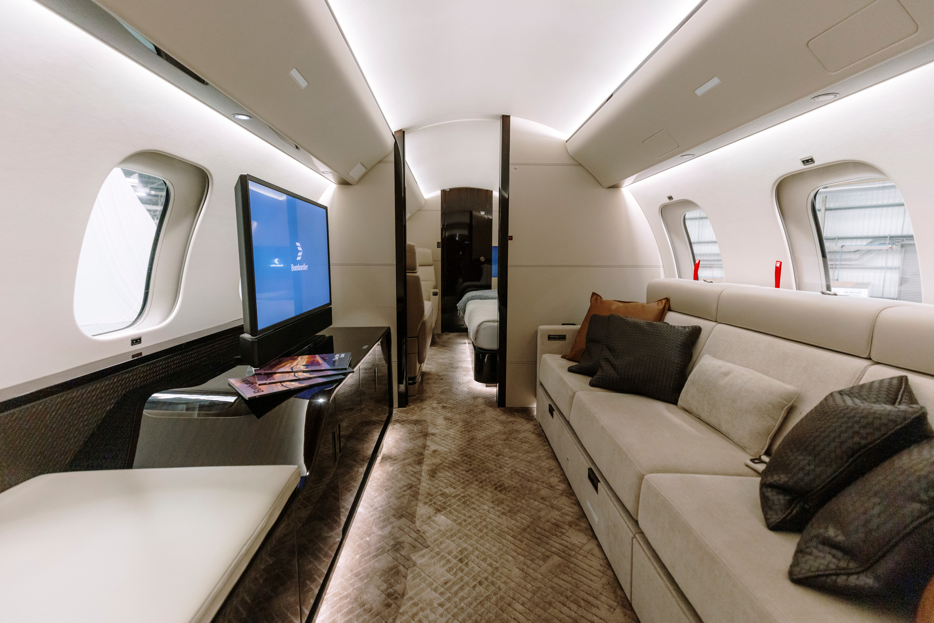 The lounge area aboard the Bombardier Global 7500