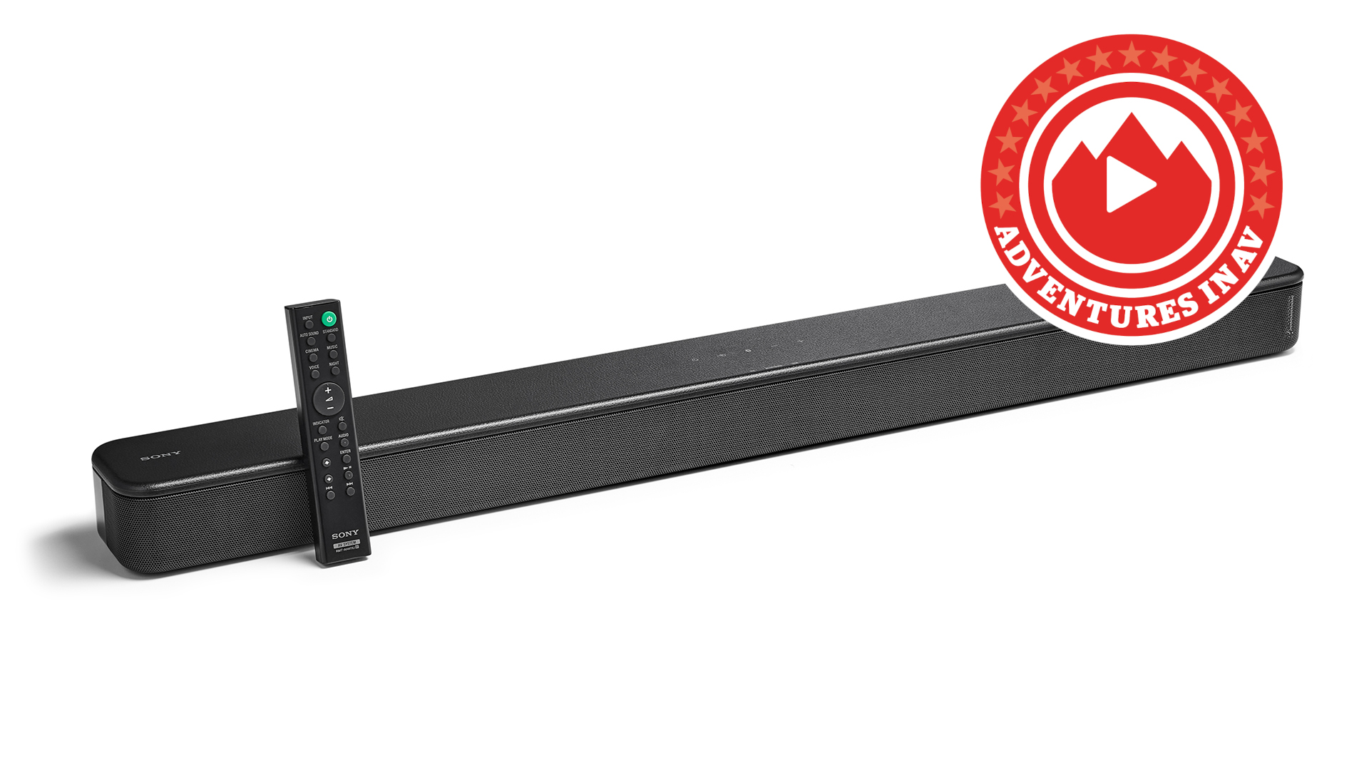 A Sony soundbar on a white background with an Adventures in AV logo in the top right
