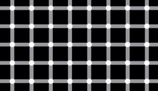 White lines form a grid on a black background. At the intersections of vertical and horizontal white lines are white circles. Black dots appear and disappear inside the white circles