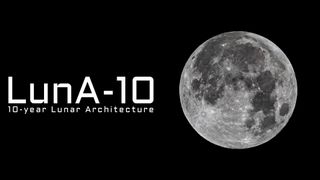 on the left, the words luna-10, 10-year lunar architecture, on the right, the full moon