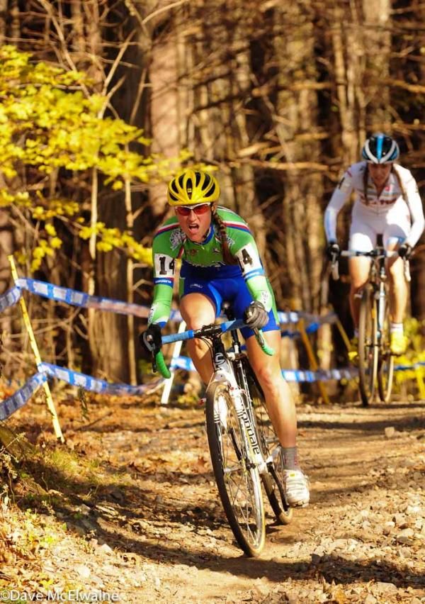Rebecca Wellons riding to an eighth place finish .