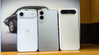 The Galaxy S25 Edge, Apple iPhone Air, and Tecno Pova Slim side-by-side