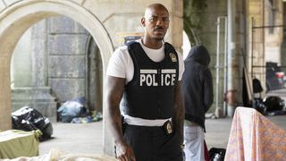 Mehcad Brooks as Det. Jalen Shaw in a police vest in Law & Order season 24