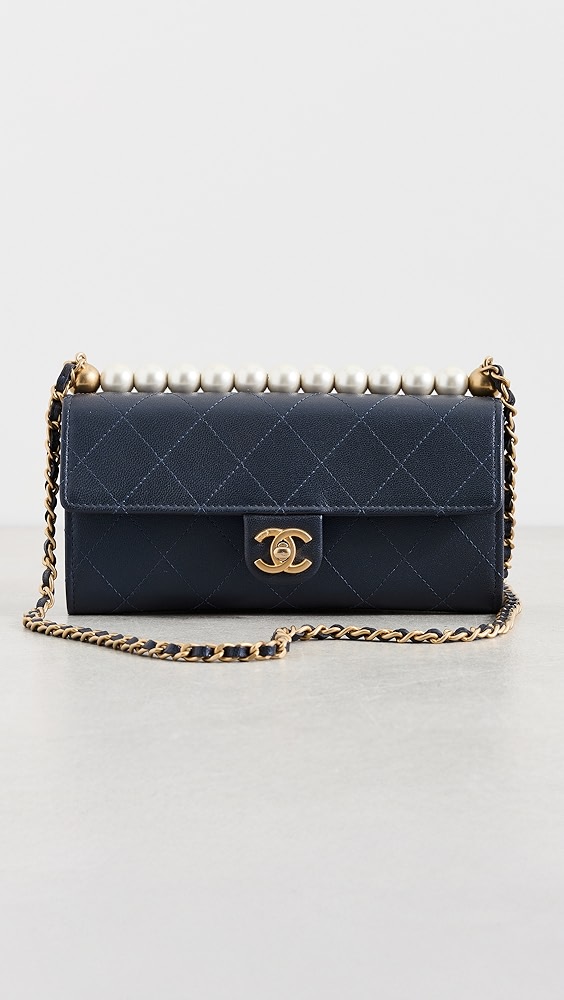What Goes Around Comes Around Chanel Navy Calfskin Chic Pearl Wallet on Chain