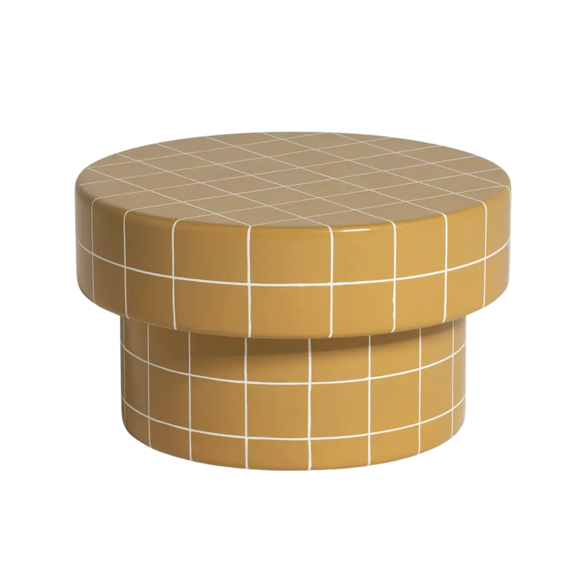 a short side table made of orange tiles with white grout 