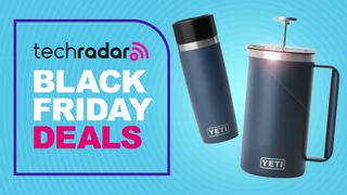 Yeti Rambler French press and bottle on blue background with text 'TechRadar Black Friday deals'