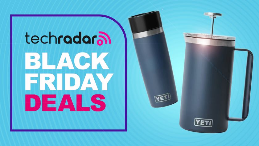 Yeti Rambler French press and bottle on blue background with text 'TechRadar Black Friday deals'
