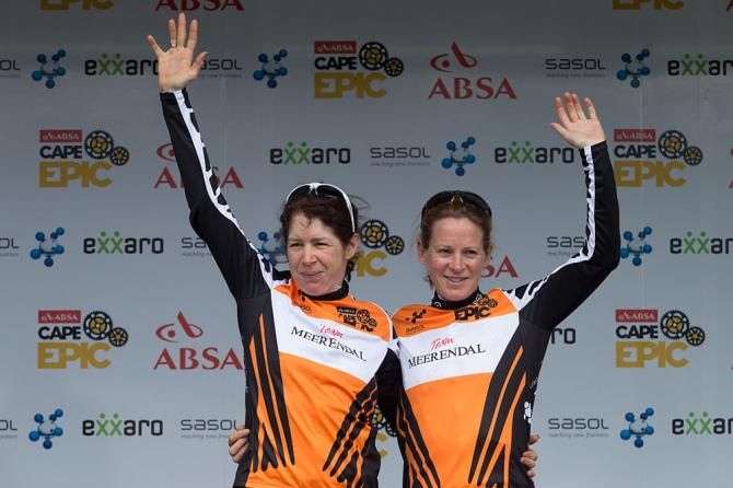 Ester Suss (left) and Sally Bigham (right) maintain the ladies leader jerseys after stage 3