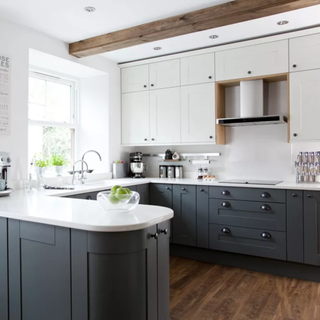 Black kitchen cabinets with white tops in L shape