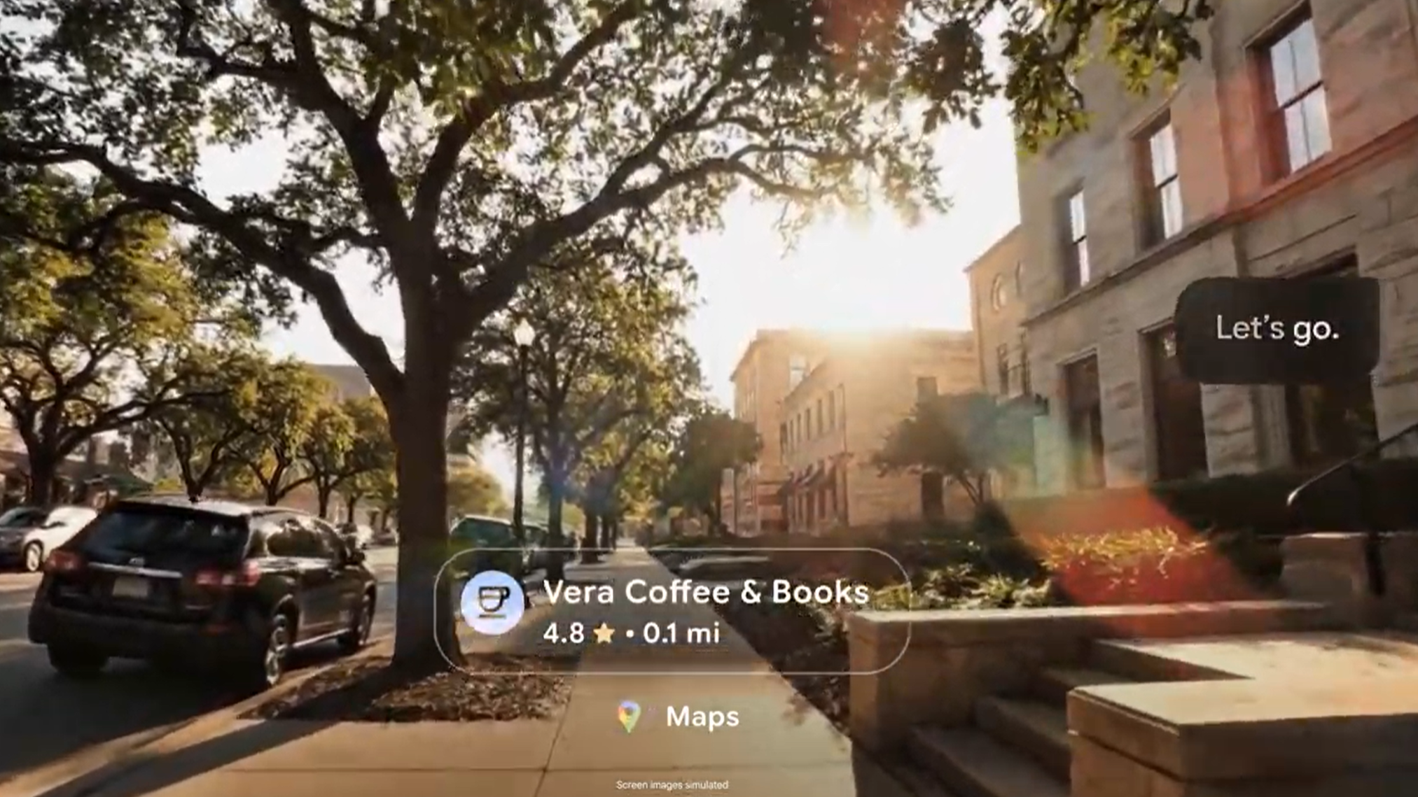 A video still of a person using Android XR glasses to ask for a nearby coffeeshop and receive directions in Maps.