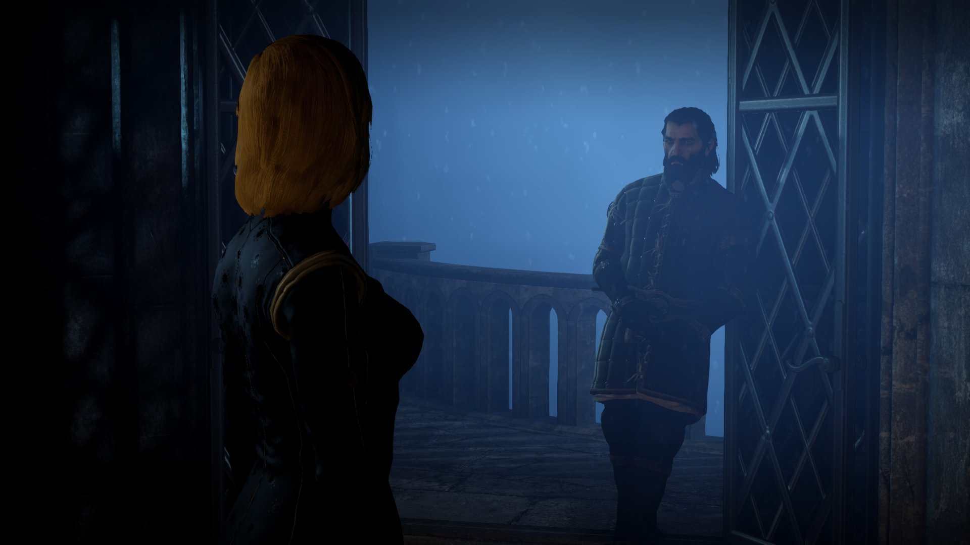 Dragon Age: Inquisition screenshot showing Blackwall visiting the Inquisitor in her quarters in Skyhold