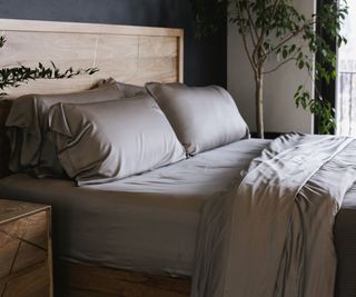 Gray bamboo bed sheets on a wood bed frame against a dark wall and a potted plant.