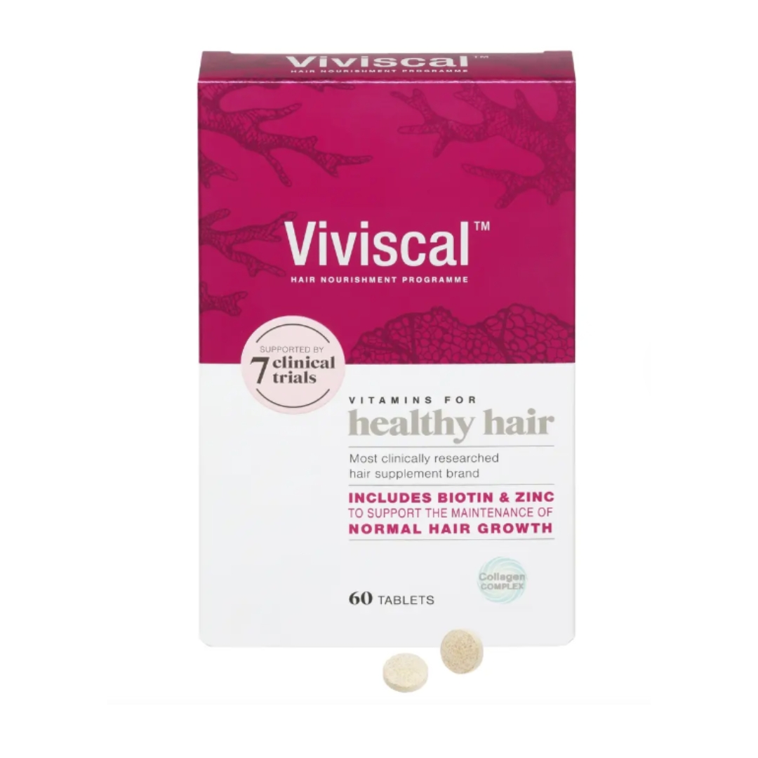 A product shot of the Viviscal Maximum Strength Supplements 60 Tablets, on a white background