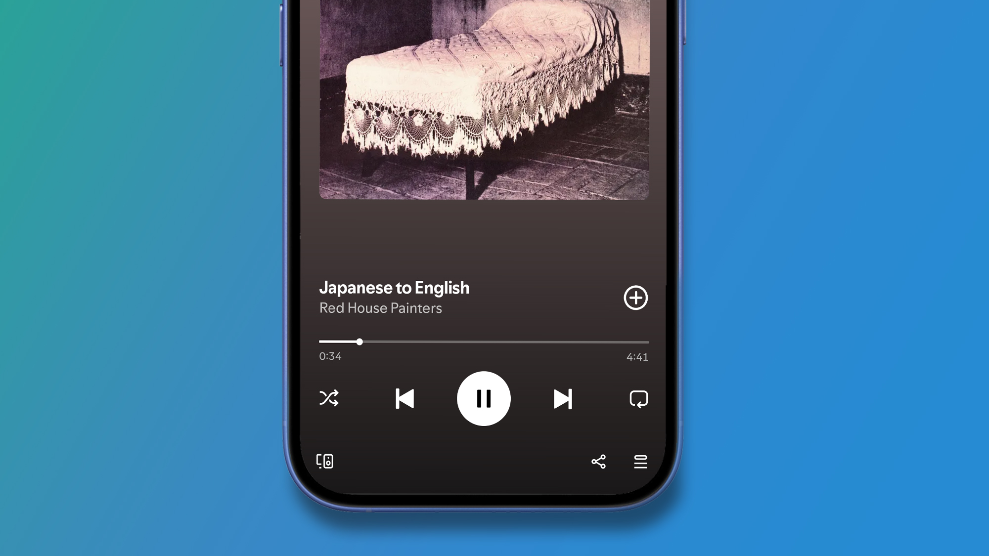 A phone on a green and blue background showing the Spotify app