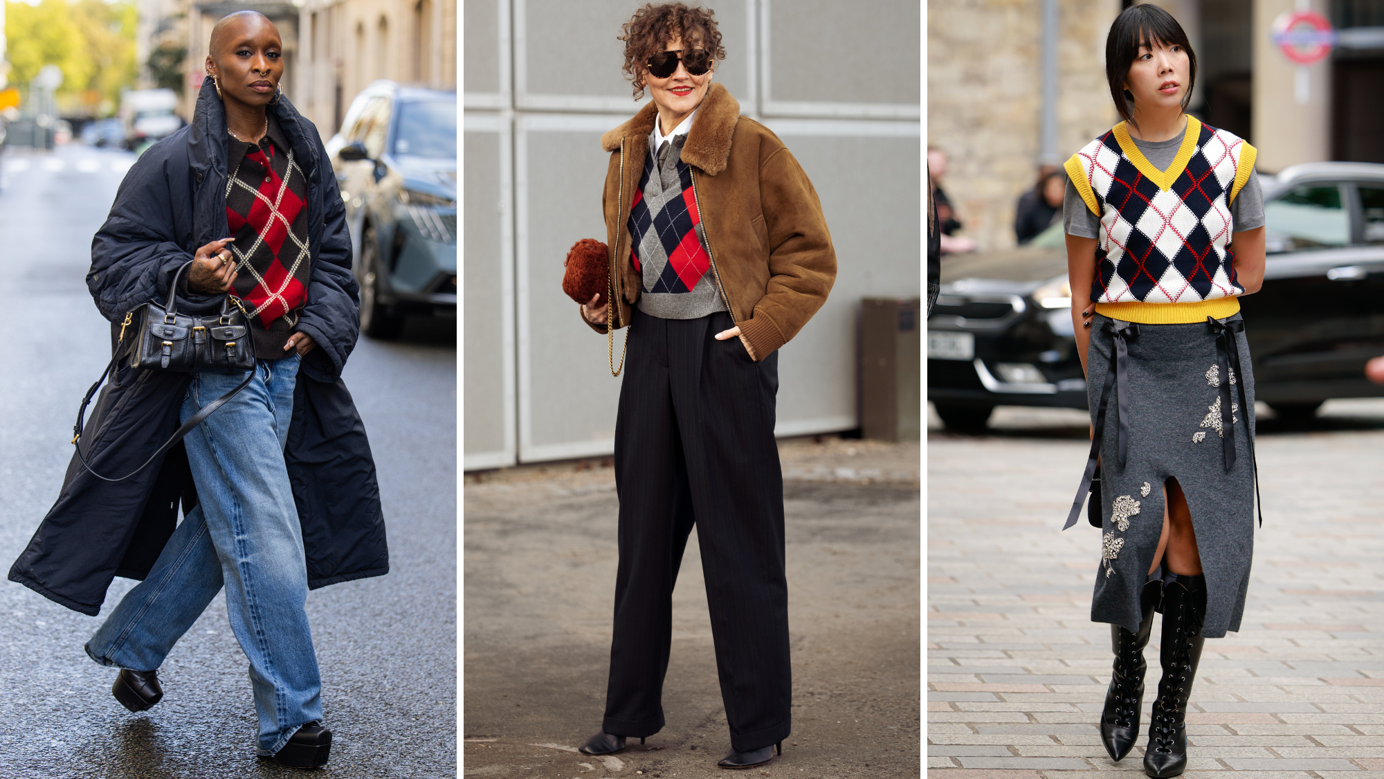 Argyle diamond knit jumper street style