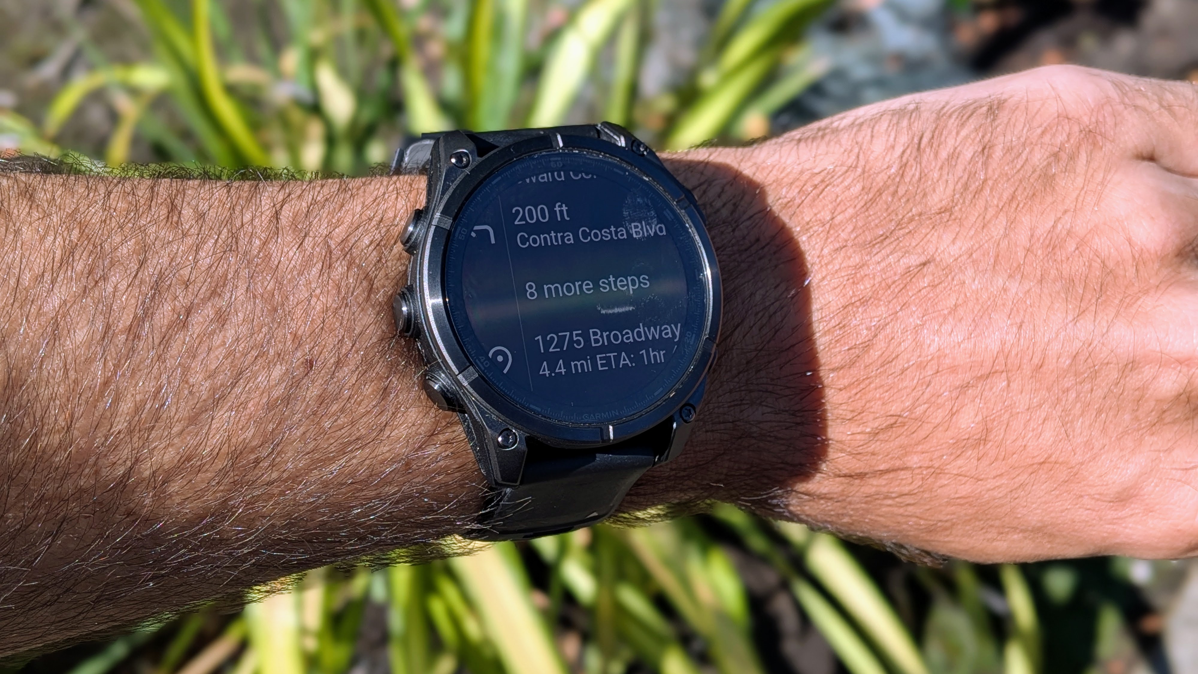 The Garmin Fenix 8 showing Google Maps' directions with &quot;more steps.&quot;