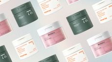 Collage of three Korean toner pads featured in this guide from Innisfree, Biodance and Anua, set against a pastel ombre effect background 