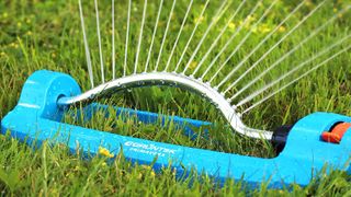 GRÜNTEK blue colourway garden water sprinkler in use
