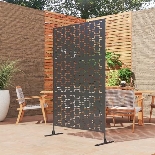 Outsunny Decorative Garden Privacy Screen With Stand, 6.5ft Freestanding Metal Outdoor Divider, Decorative Privacy Panel With Expansion Screws for Garden Pool Hot Tub, Grid Style, Black