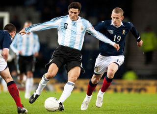 Javier Zanetti in action for Argentina against Scotland in November 2008.