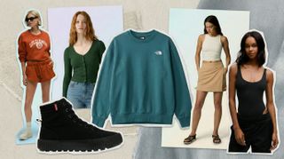 Compilation of apparel from Lululemon, Levi's, The North Face, Columbia
