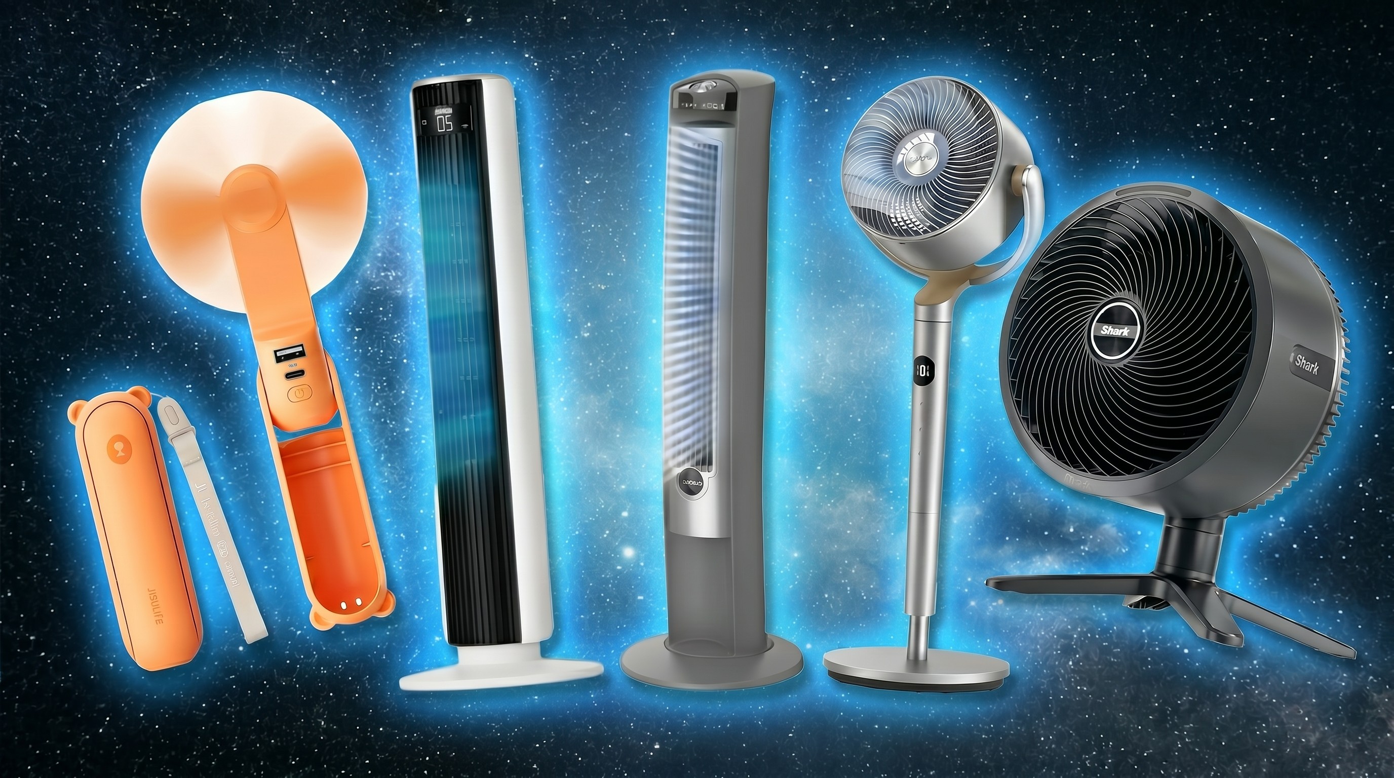 A collage of cooling fans on a starry night sky background.