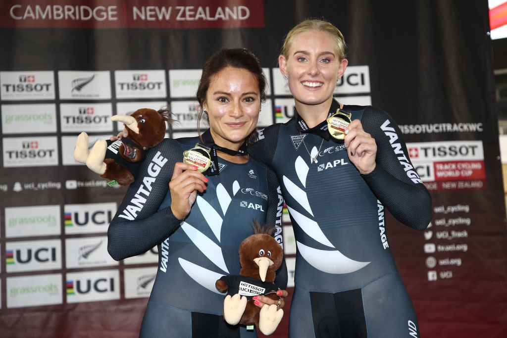 Subway New Zealand duo Olivia Podmore and Natasha Hansen with their team sprint golds