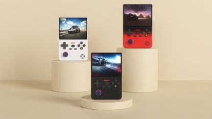 Lenovo G02 retro gaming handheld in multiple colours on a yellow background (edited using Gemini)