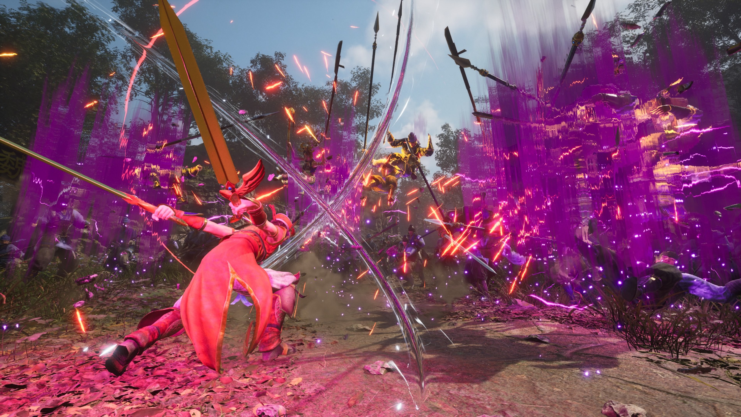 Dynasty Warriors 3: Complete Edition Remastered screenshot showing officer Lu Xun swipe at an enemy group with dual swords, applying a harmful status effect to them