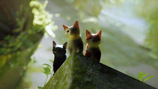 Three cats from Stray peeking over a ledge, side by side