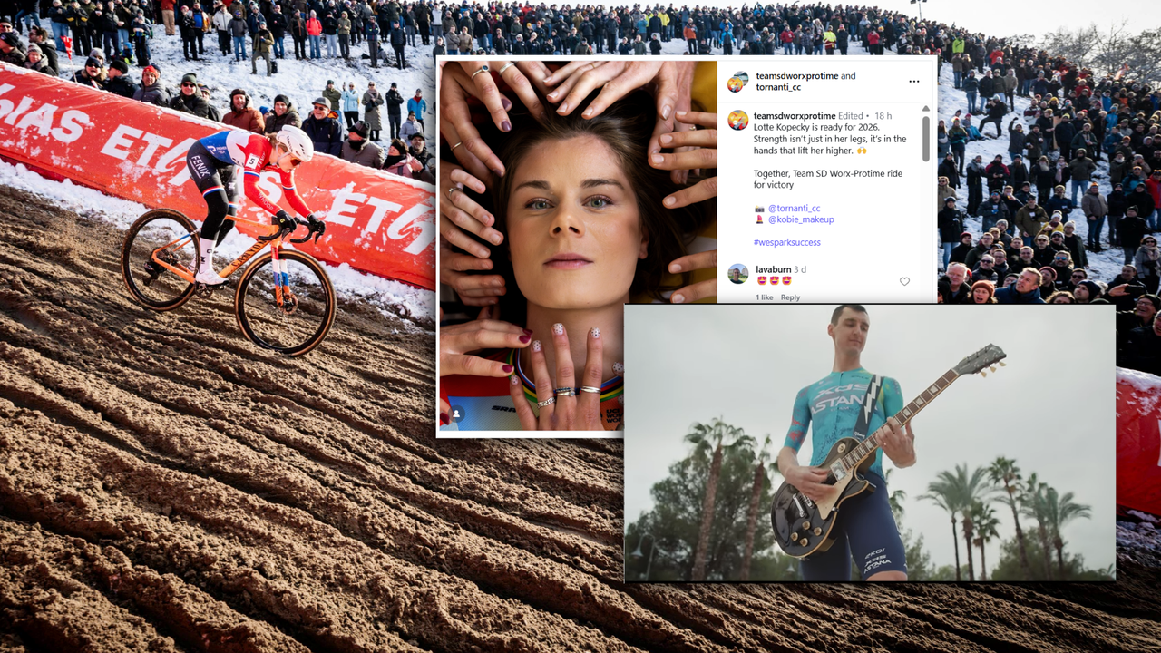 Collage of screenshots over a photo of a rider going downhill 