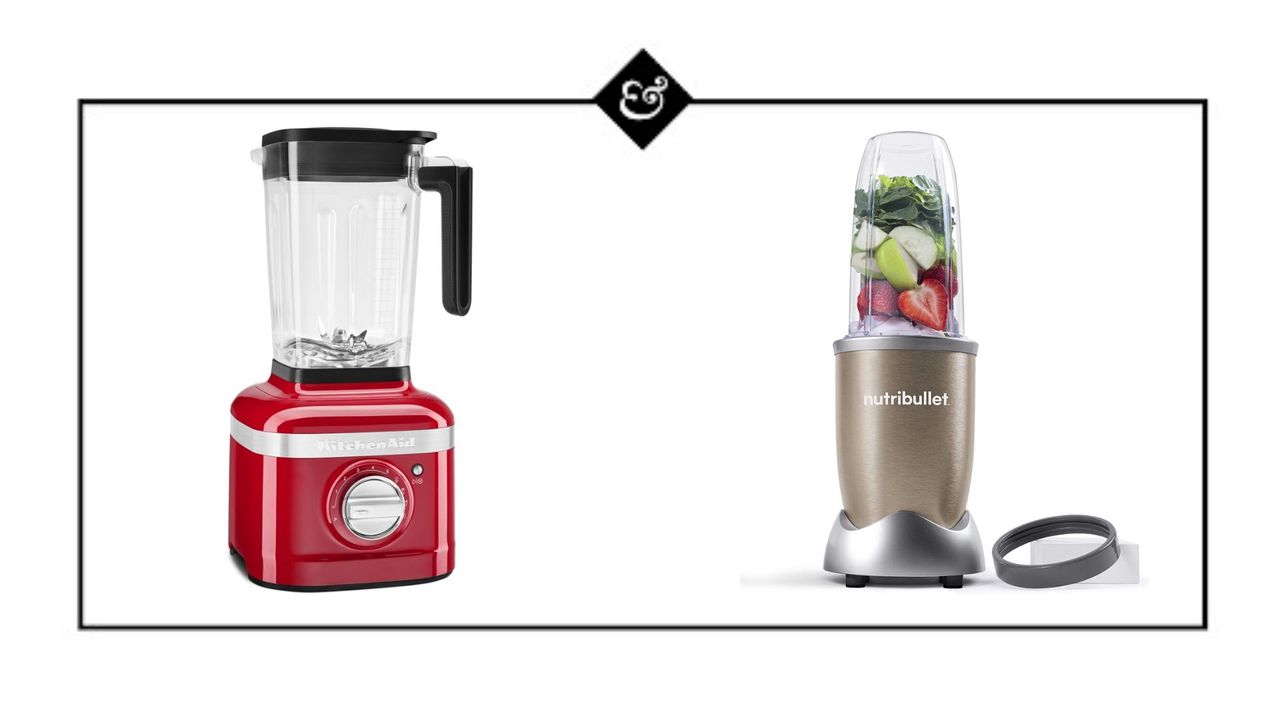 KitchenAid vs NutriBullet - A Kitchenaid K400 blender and Nutribullet Pro 900 blender on a white background